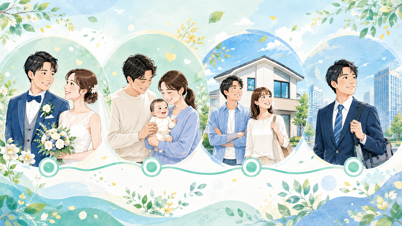 結婚や出産、住宅購入などライフステージに合わせて保険を見直すイメージ