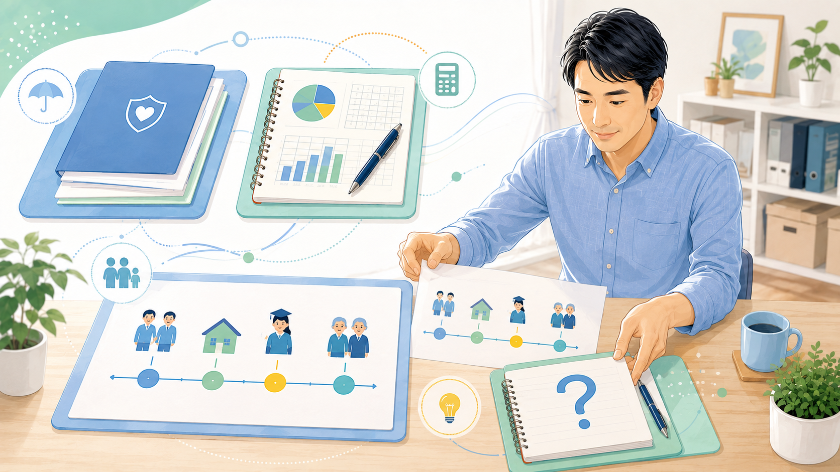 保険相談に向けて保険証券や家計情報などを準備するイメージ