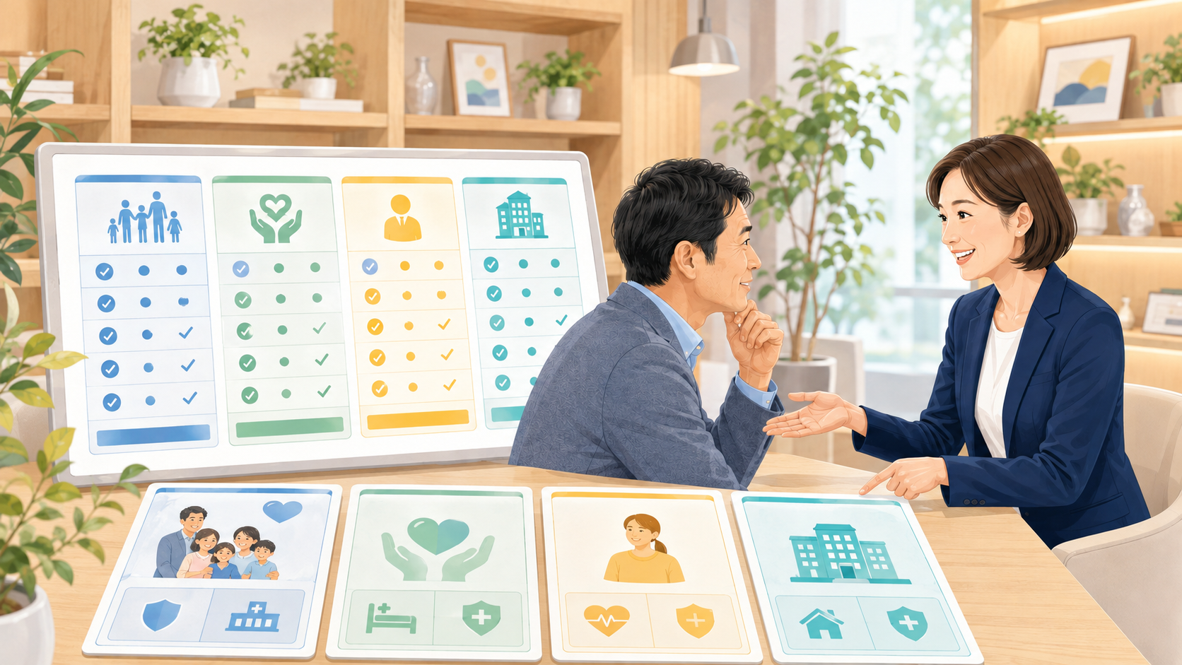 保険ショップで複数の保険商品について相談するイメージ
